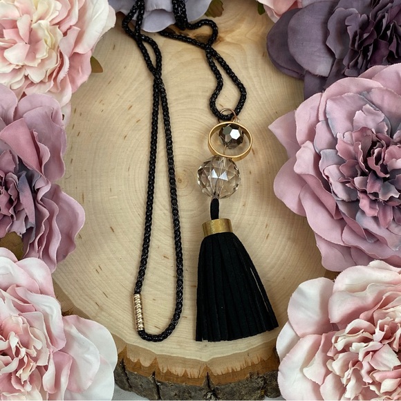 Chic Clear Sphere Long Black and Gold Tassel Necklace - Picture 9 of 11